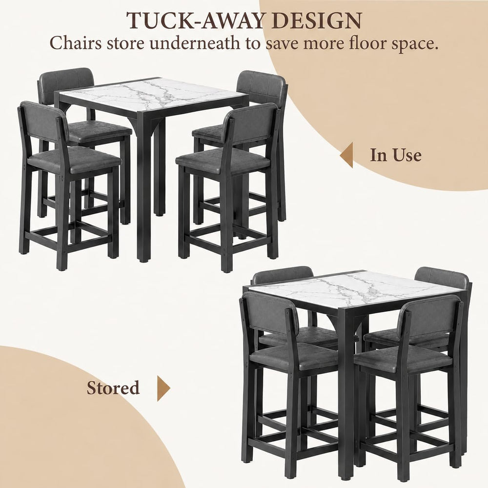 XIAO WEI 5-Piece Counter Height Dining Table Set for 4, Marble-Look, Grey