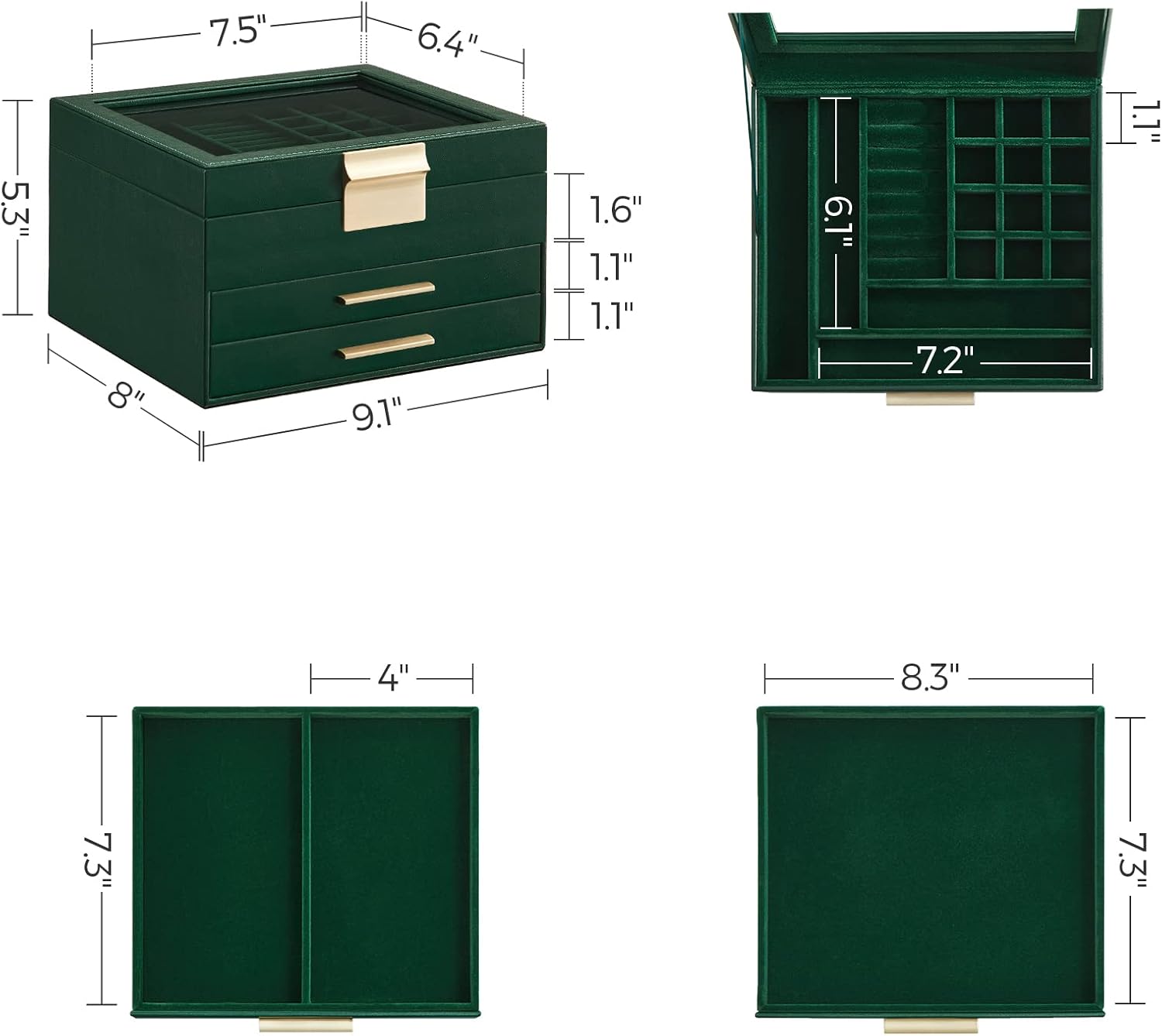 SONGMICS Jewelry Box Organizer with Glass Lid, 3-Layer Jewelry Storage, with 2 Drawers, Modern Style, Christmas Gift, 8 x 9.1 x 5.3 Inches, Forest Green and Gold Color UJBC239C01