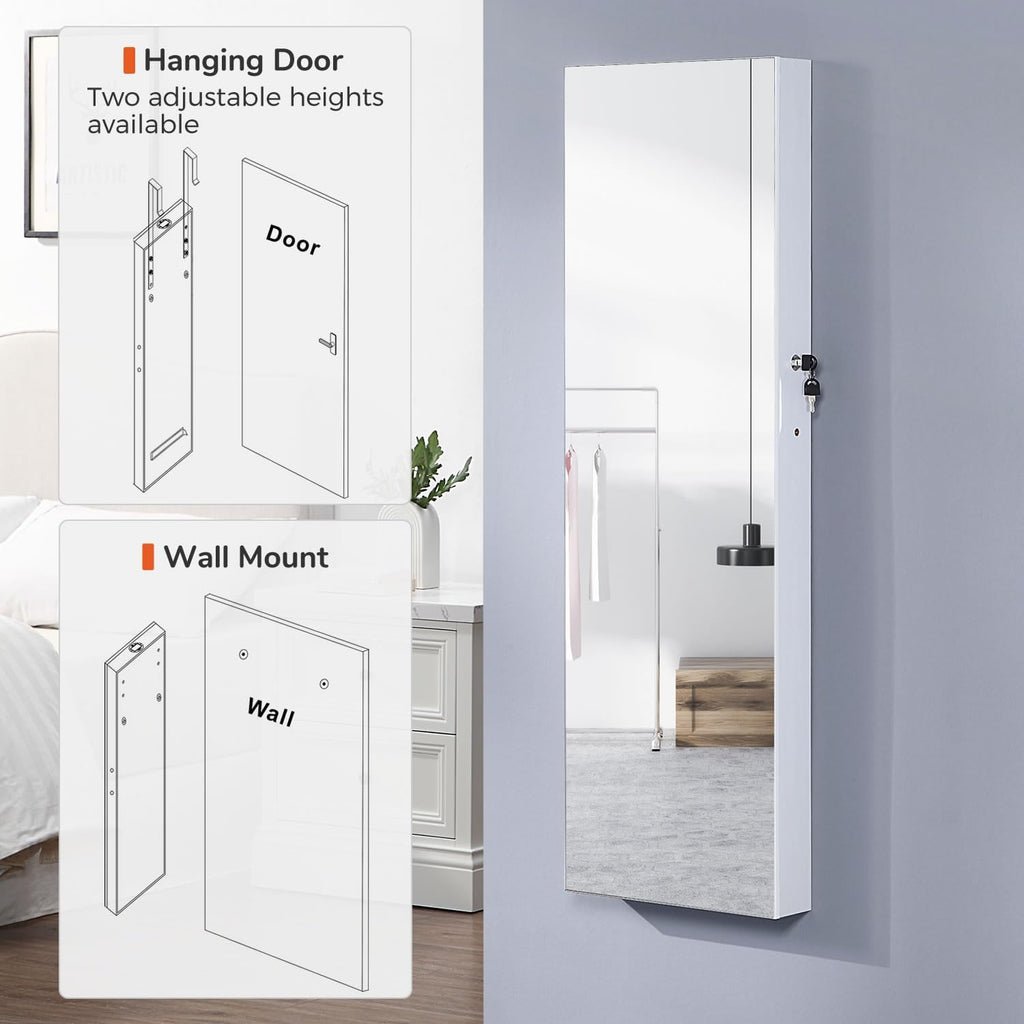 GISSAR Jewelry Organizer Full Length Mirror Jewelry Cabinet Standing/Wall/Hanging Door Jewelry Armoire Storage with Lights, Lockable, White