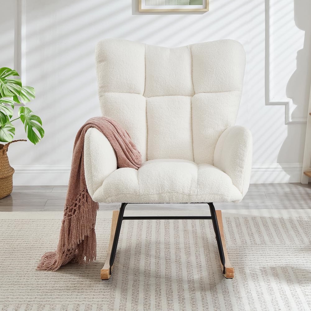 Glider Chair for Living Room Tufted Upholstered Teddy Fabric Rocking Chair wi...