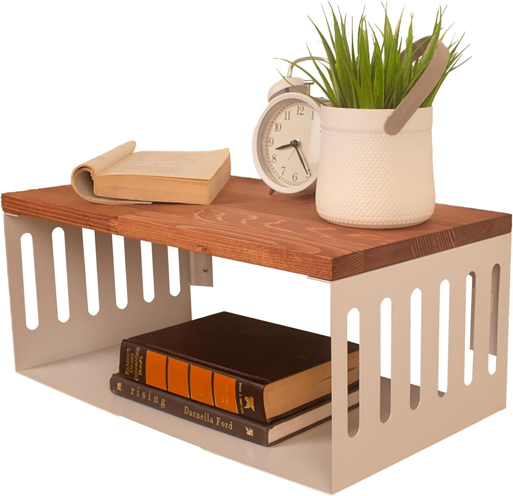 Floating Nightstand with White Metal Base, Wooden Top and Sturdy Metal Base, ...