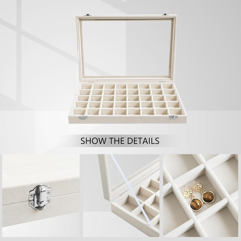 Wudygirl Large Jewelry Organizer Box with 40 Compartments Earring Holder Organizer Velvet Ring Display and Necklace Storage Tray Jewelry Box for Women (Beige Velvet)