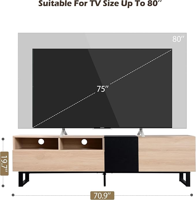 Ball & Cast 70" Modern TV Stand for TVs up to 80", Media Console with Drop-Down Door, 2 Drawers & Adjustable Shelf, Entertainment Center w/Ample Storage for Living Room, Home Theatre, Natural Wood
