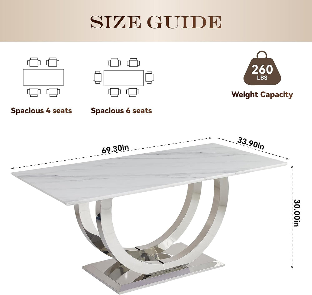SSLine Modern White Marble Dining Table for 6-8 Rectangle 69.3" Faux Mar...
