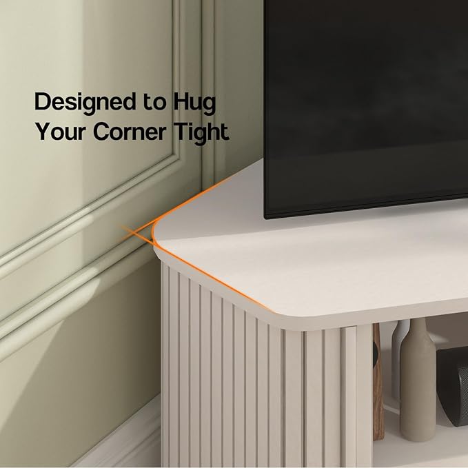 Corner TV Stand 43 Inch, Mid Century Corner Entertainment Center with Sliding Tambour Door, Media Console Table with 2 Layers Storage, Fluted TV Stand for Living Room, Bedroom, Off White