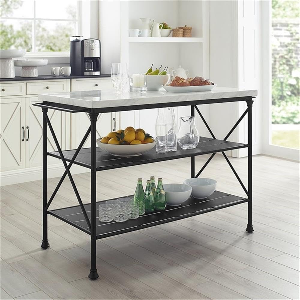 Pemberly Row Kitchen Island, Matte Black Steel Base, White Faux Marble Top, 5...