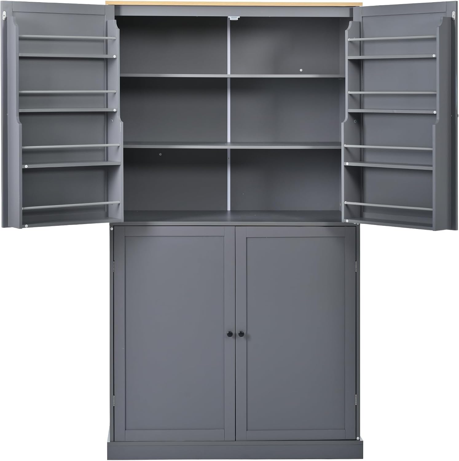 Freestanding Kitchen Pantry with 2 Dawers & 3 Shelves, 2 Double Doors with 6 Shelves, Traditional, Natural Wood Rectangular Storage Cabinet, for Living Room, Dining Room, Gray