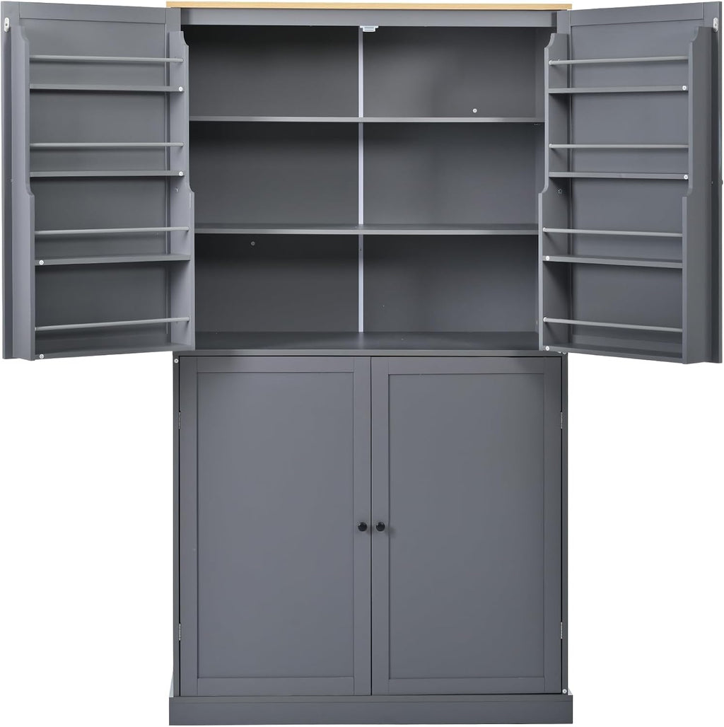 71.3" Tall Kitchen Storage Cabinet Pantry Wood Freestanding Large Cupboard with 2 Drawers,2 Adjustable Shelves,8 Shelf for Dining Room,Grey