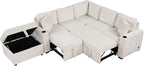 84.7" Symmetrical Convertible Sleeper Sectional Sofa Couch Bed for Living Room 4 Seater L Shaped Reversible Pull Out Sleeper Sofabed with Movable Ottoman ,2 Cup Holders ,USB Ports, Detachable Backrest