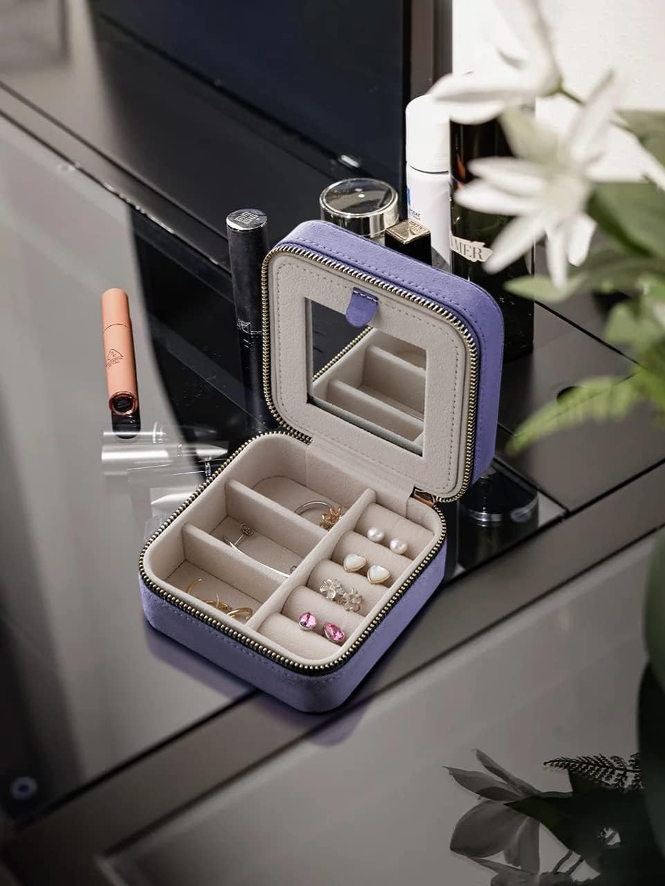 S.Leaf Travel Jewelry Organizer Boxes for Women Small Portable Necklace Earrings Bracelet Rings Travel Case Best Friend Birthday Gifts for Women Trendy (Butterfly_Lavender_Gold)
