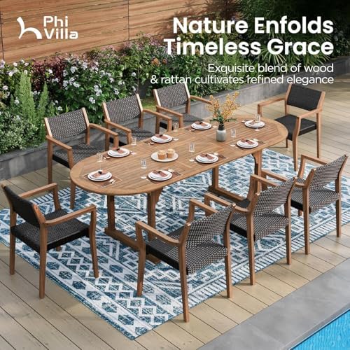 PHI VILLA Outdoor Dining Set for 8, Expandable Acacia Wood Table & Chairs