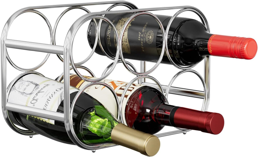 Buruis 6-Bottle Countertop Wine Rack, Metal Wine Bottle Holder, Chrome | No Assembly Required, Space-Saving Wine Storage, Kitchen Bar Organizer, Red & White Wine Display, Modern Home Decor