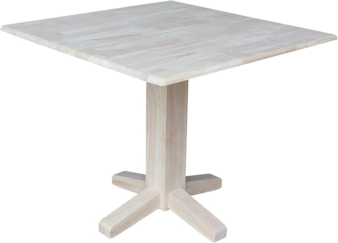 IC International Concepts 36" Square Dual Drop Leaf Dining Table Solid Real Wood, Sturdy Parawood, 36"W x 36"D x 30"H, Unfinished