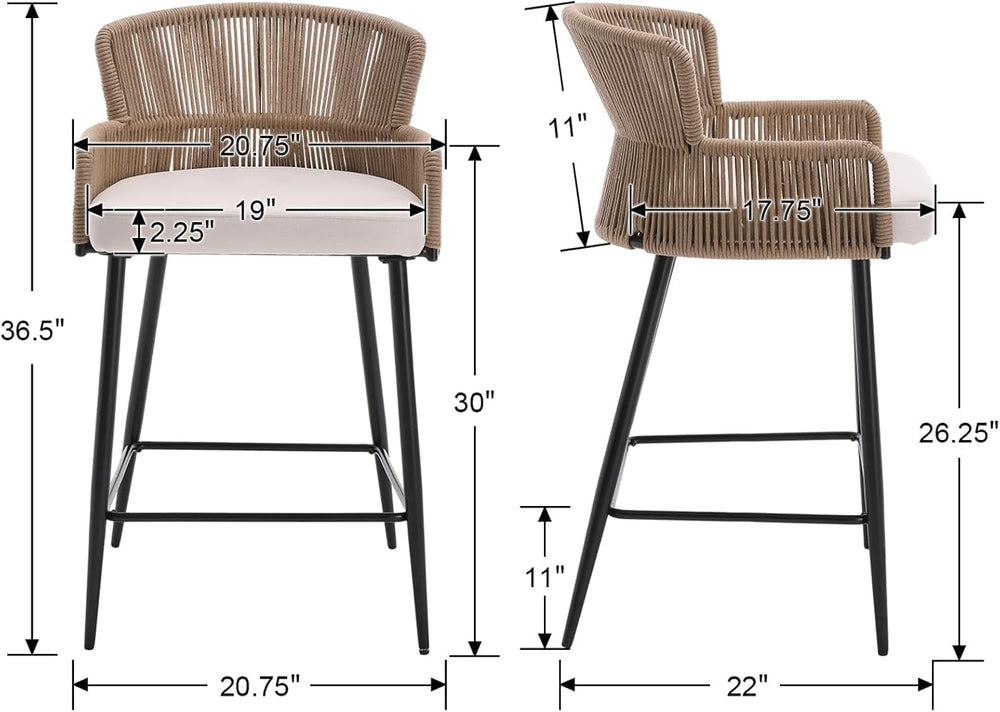 HNY Farmhouse Woven Bar Stools Set of 3, 26 Inch Linen Upholstered Rattan Bar...