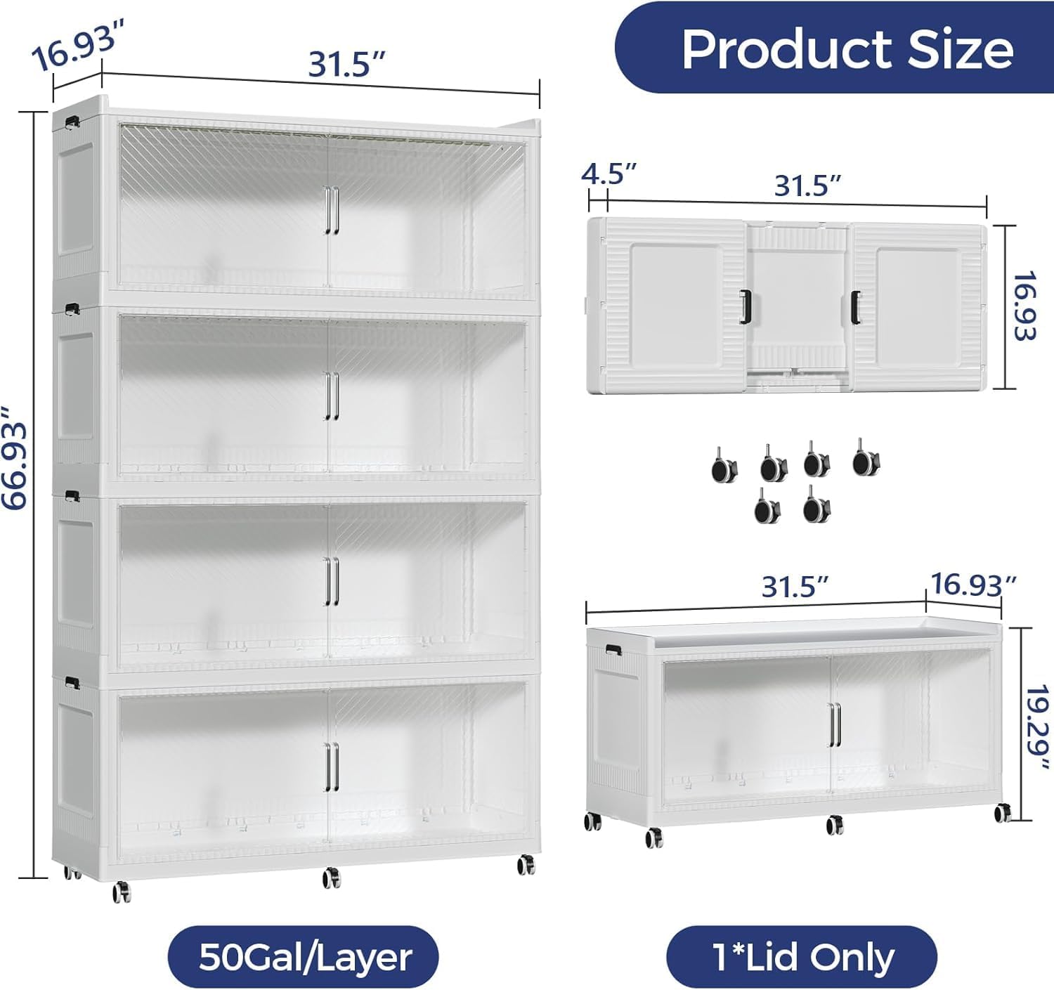 200GAL Extra Large Storage Bins with Lid, 800QT Collapsible Organizer with Wheels, Stackable Closet Cabinet with Doors, Folding Storage Containers for Home, Office, Kitchen, 4Pack White