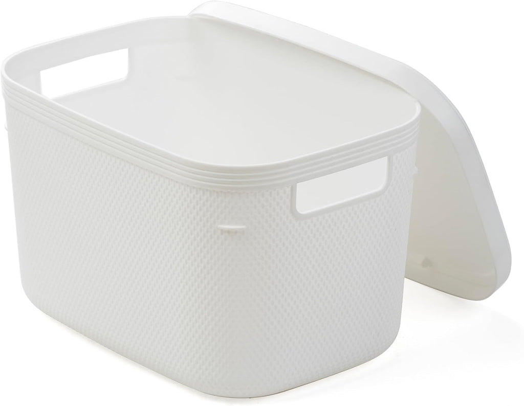 BINO | Plastic Storage Bins with Lids, 5.5 Liter - 3 Pack, White | THE TWILL COLLECTION | Plastic Bins for Organization | Woven Storage Baskets for Organizing | Pantry Shelf Organizer Basket Bin