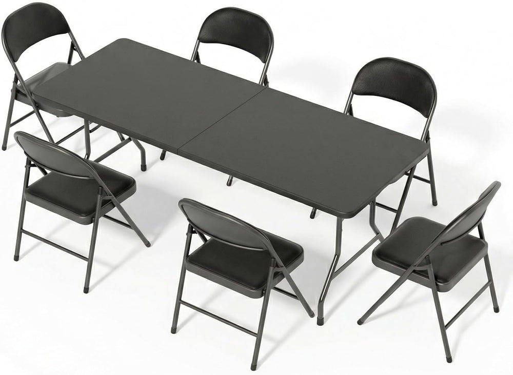 6FT Black Plastic Folding Table Set with 6 Black PU Padded Chairs | Portable ...
