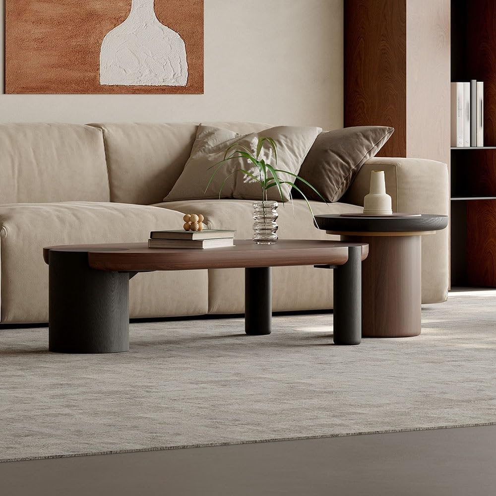 Mobile Side Table Modern Wooden Nesting Coffee Table Set Oval & Round Liv...