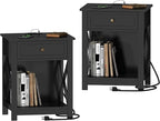 Treocho Black End Table Set of 2,Nightstand with Charging Station, X-Design Side Table with 2 AC and USB Power Outlets, Small Night Stand with Storage Drawer and Open Shelf for Living Room