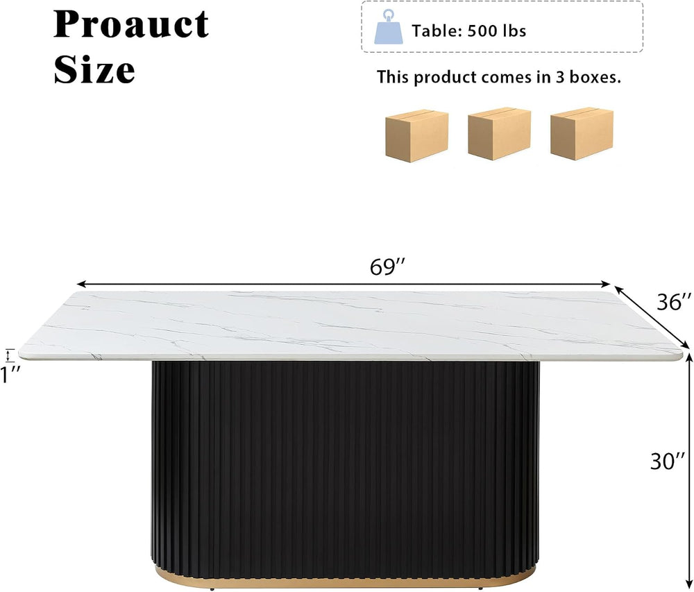 69" Large Dining Table, Rectangle Dining Table with White Faux Marble To...