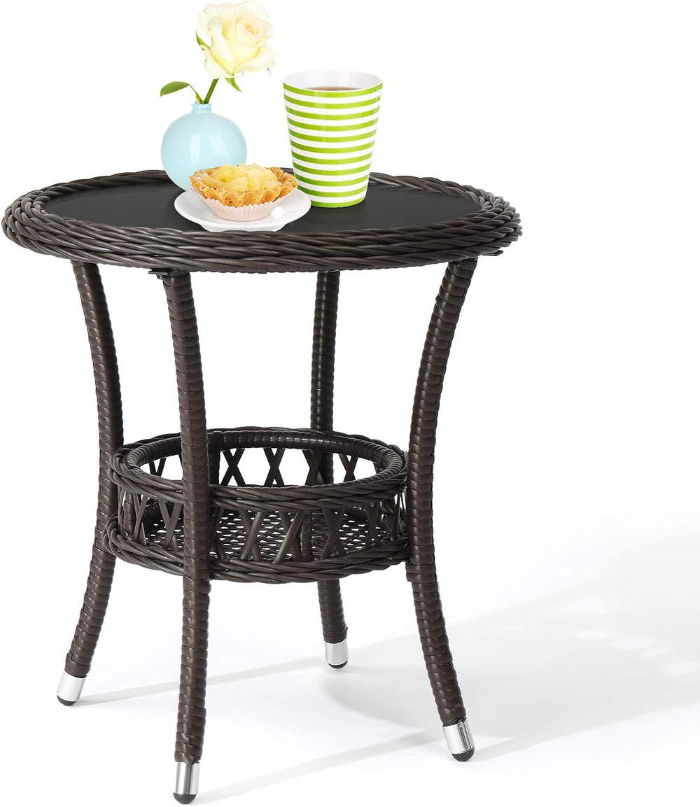 VINGLI Outdoor Wicker Side Table, Patio Side Tables for Outside Tempered Glas...