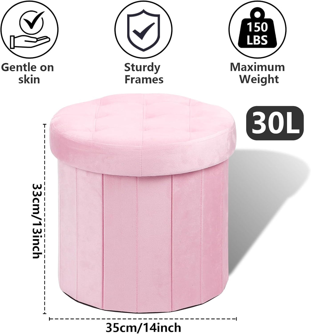 AmasSmile Round Storage Ottoman,14" Folding Velvet Foot Stool,Pink 2 Pack | Ottoman Storage Foot Stool, Petite and Soft Velvet, Thick Foam Cushion, Suitable for Living Room, Bedroom,Dorm,14x13x13in