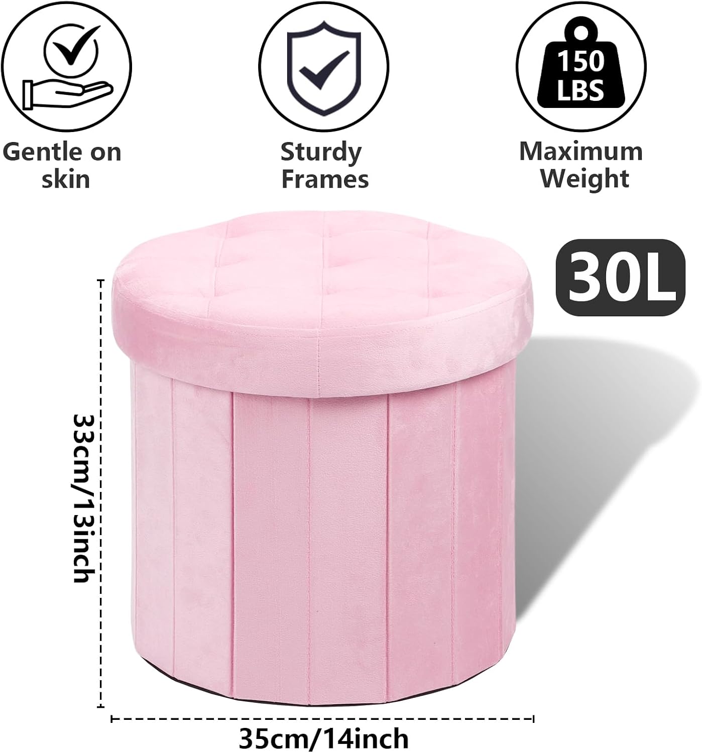 AmasSmile Round Storage Ottoman,14" Folding Velvet Foot Stool,Pink 2 Pack | Ottoman Storage Foot Stool, Petite and Soft Velvet, Thick Foam Cushion, Suitable for Living Room, Bedroom,Dorm,14x13x13in