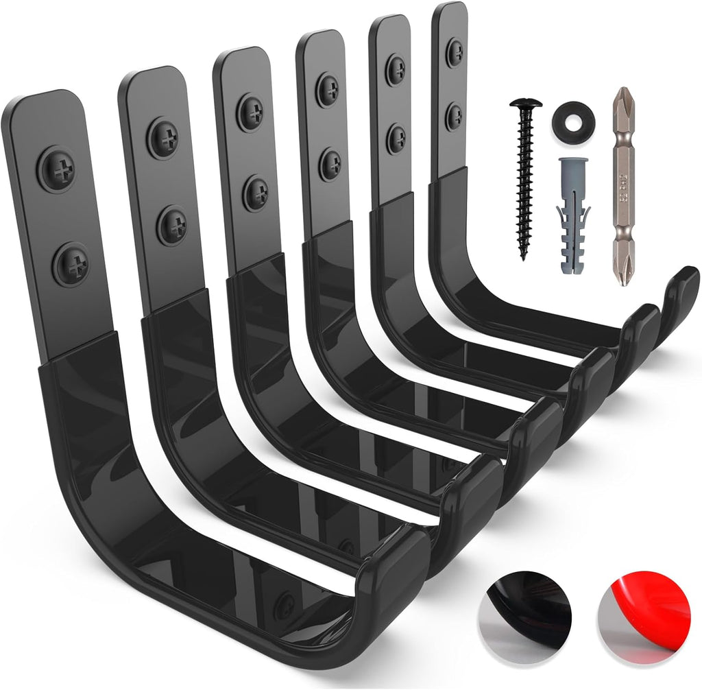 Garage Hooks 4 Inch, 6 Pack Heavy Duty Wall Hooks for Hanging, Ladder Hangers for Garage Wall Mount, Steel J Utility Garden Hose Holder Tool Organizers and Storage(55lbs)