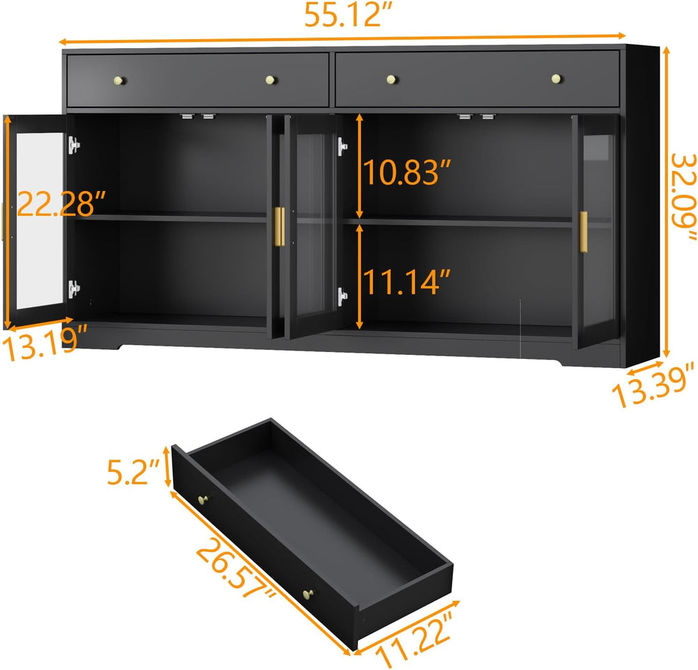 Sideboard Buffet Cabinet with LED Lights, 55.1 Storage Cabinet with 2 Large D...