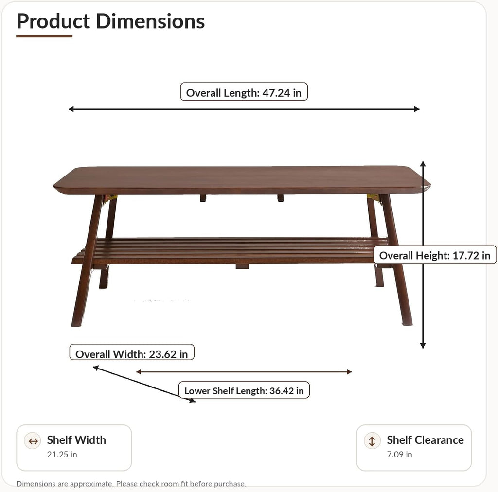 Foldable Coffee Table with Storage Shelf, Walnut Wood 47"