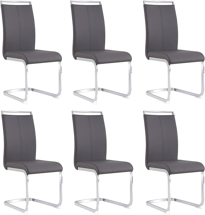 AZmac Modern Leather Dining Chairs Set of 6,Armless Kitchen Chairs,Dining Room Chairs with Upholstered Padded Seat and Sturdy Chrome Legs for Dining Room,Kitchen (Set of 6, Grey+PU Leather)