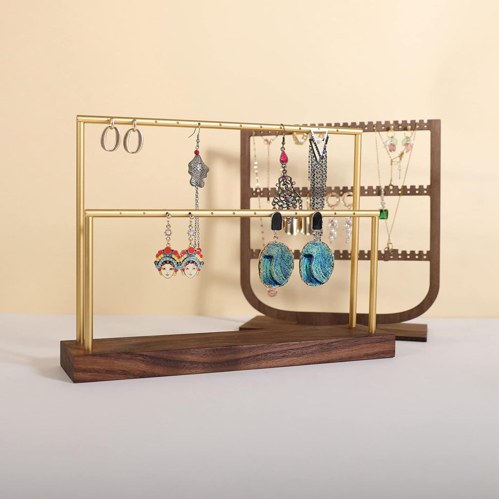 GemeShou wooden earring holder organizer for girls, walnut stud earring display stand for boutique store, jewelry storage organizer shelf【Walnut stand-Two Tiers】