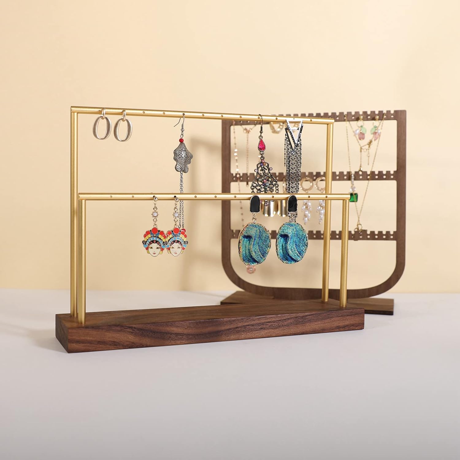 GemeShou wooden earring holder organizer for girls, walnut stud earring display stand for boutique store, jewelry storage organizer shelf【Walnut stand-Two Tiers】