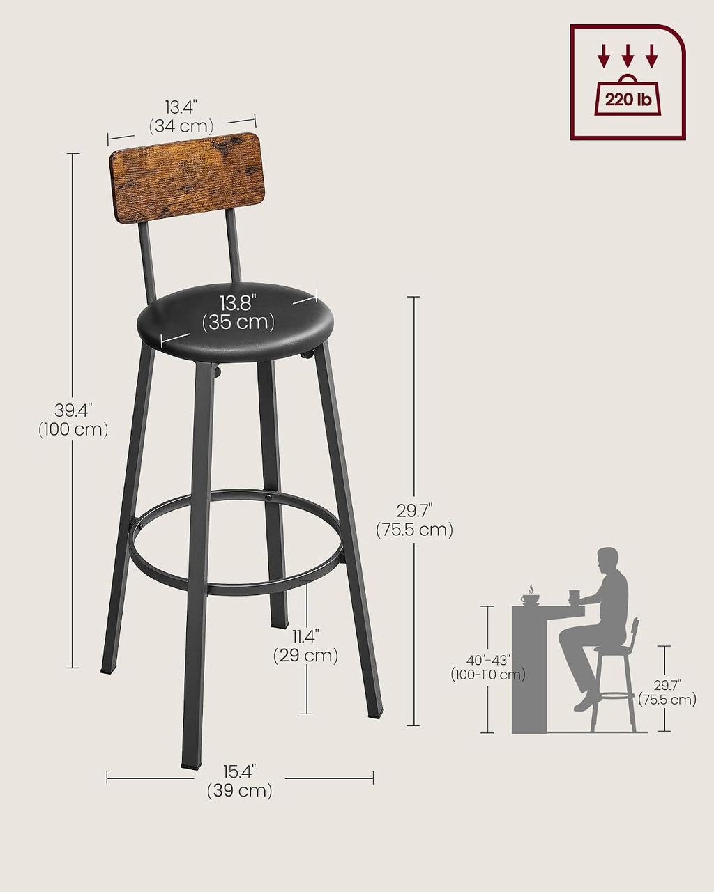VASAGLE Bar Table 15.7 x 39.4 x 35.4 Inches, Rustic Brown and Ink Black ULBT10X and Bar Stools Rustic Brown and Black ULBC069B81
