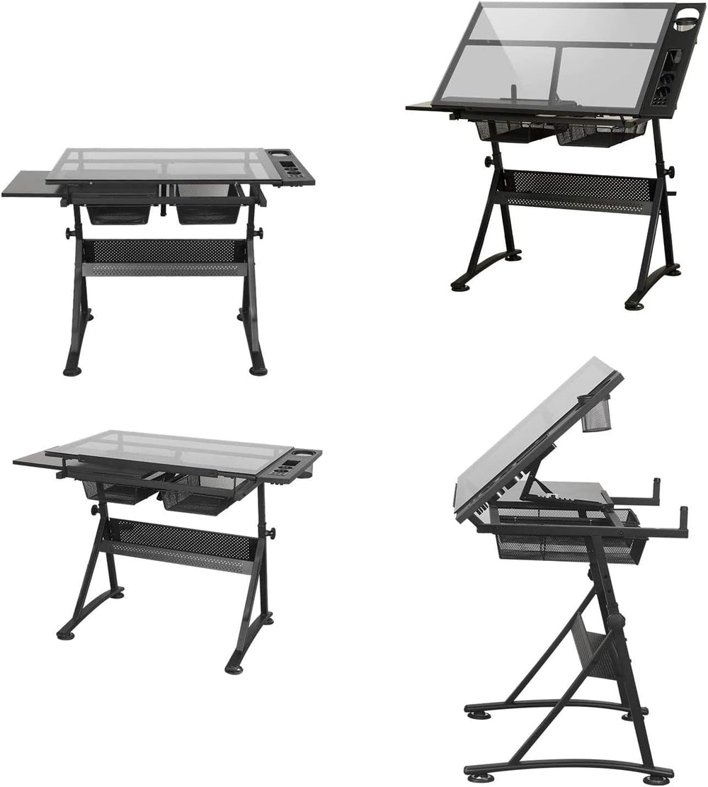Black Drafting Table with Storage, Height Adjustable Tiltable Art Desk, Glass...