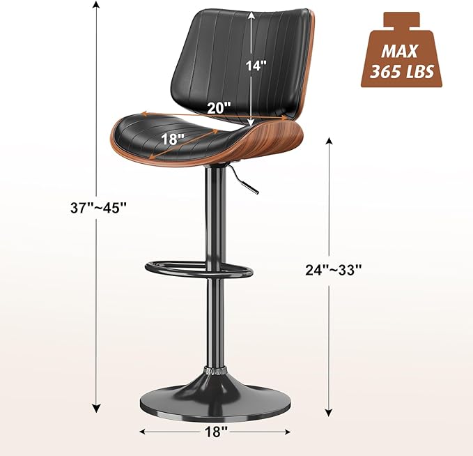 Swivel Bar Stools Set of 4, Adjustable Bentwood Barstools for Kitchen Counter, Modern PU Leather Upholstered Bar Chair with Back and Footrest, for Kitchen Island, Bar, Dining Room, Black