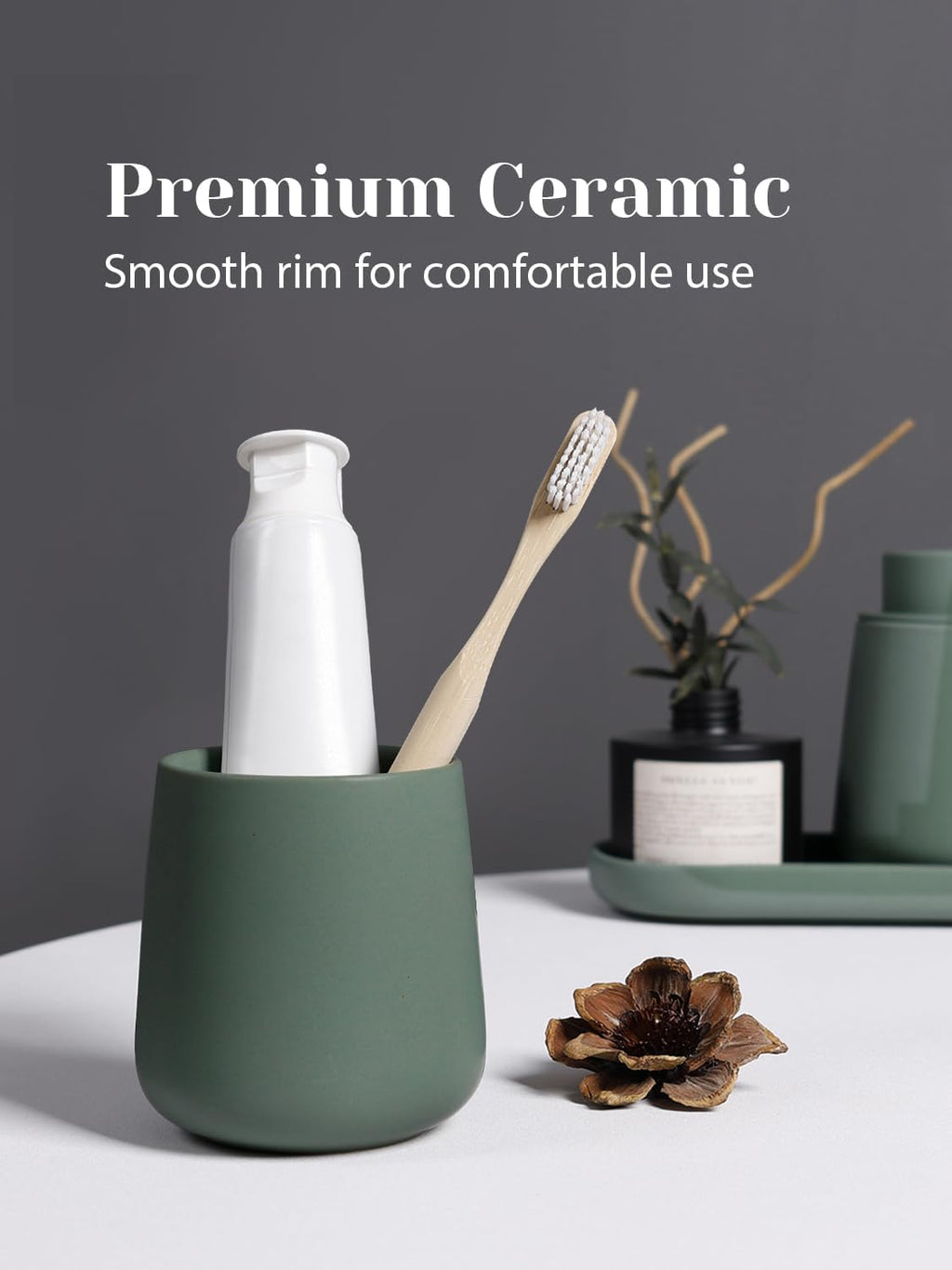 INGOFIN 3 Pcs Ceramic Bathroom Accessory Set - Foam Soap Dispenser, Toothbrush Holder & Tray, Bathroom Counter Set, Countertop Essentials for Home, Guest Bathroom, or Office Use, Matte Green