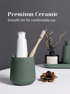 INGOFIN 3 Pcs Ceramic Bathroom Accessory Set - Foam Soap Dispenser, Toothbrush Holder & Tray, Bathroom Counter Set, Countertop Essentials for Home, Guest Bathroom, or Office Use, Matte Green