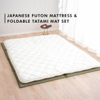 EMOOR Japanese Futon Mattress Premium CLASSE and Tatami Mat Set Queen, Floor Sleeping Mat Sikibuton Igusa Natural Cotton