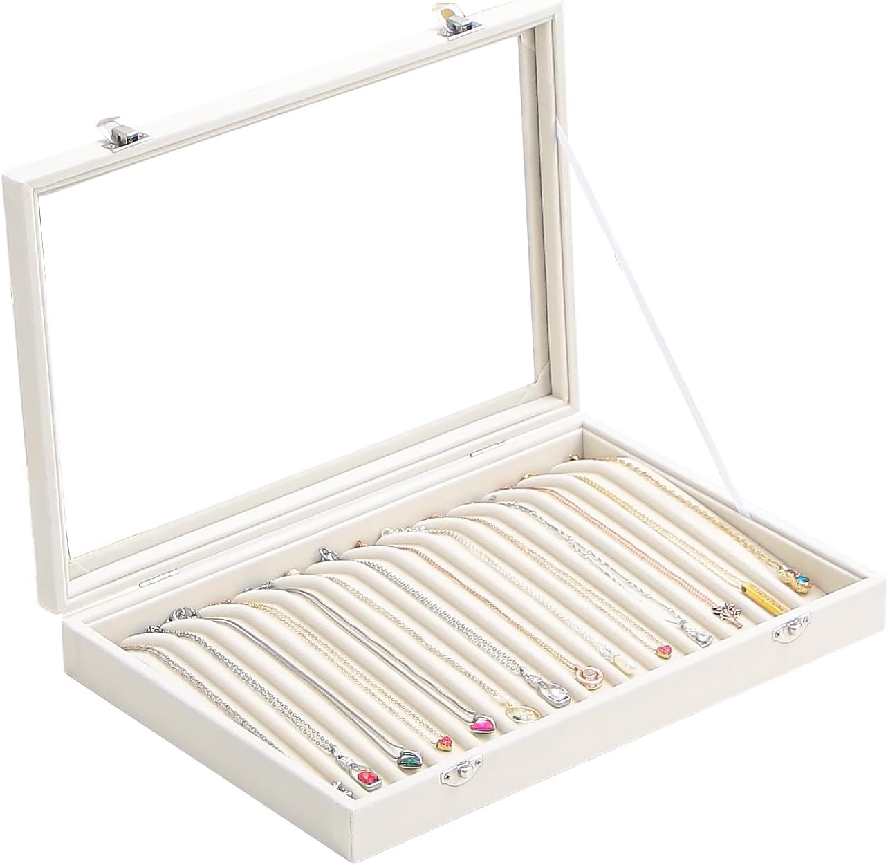 Coward 14 Hooks Necklace Storage Tray, Velvet Neckalce Organizer Box with Clear Lid, Pendant Chain Necklace Jewelry Organizer Drawer Tray for Women Girls (Beige)