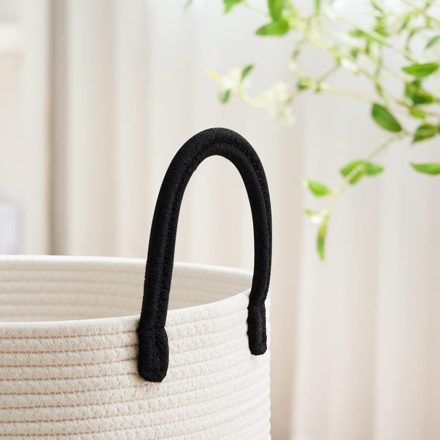 VIPOSCO Large Laundry Hamper, Tall Woven Rope Storage Basket for Blanket, Toys, Dirty Clothes in Living Room, Bathroom, Bedroom - 100L White & Black