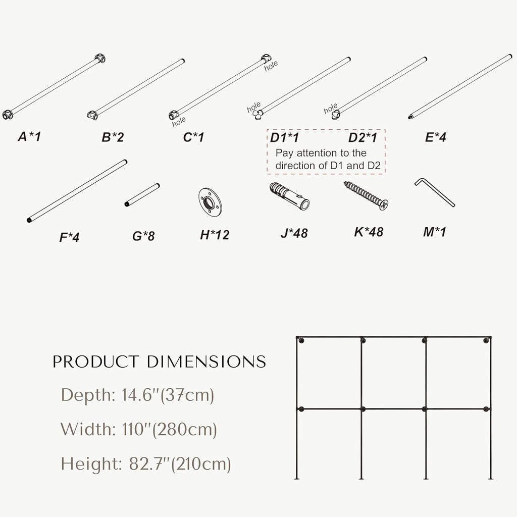 Industrial Pipe Clothing Rack, Heavy Duty Wall Mounted Clothes Rack,Retail Display Hanging Garment Rod for Laundry Rooms, Closet Storage, 14.6x110x82.7 Inches, Model K04