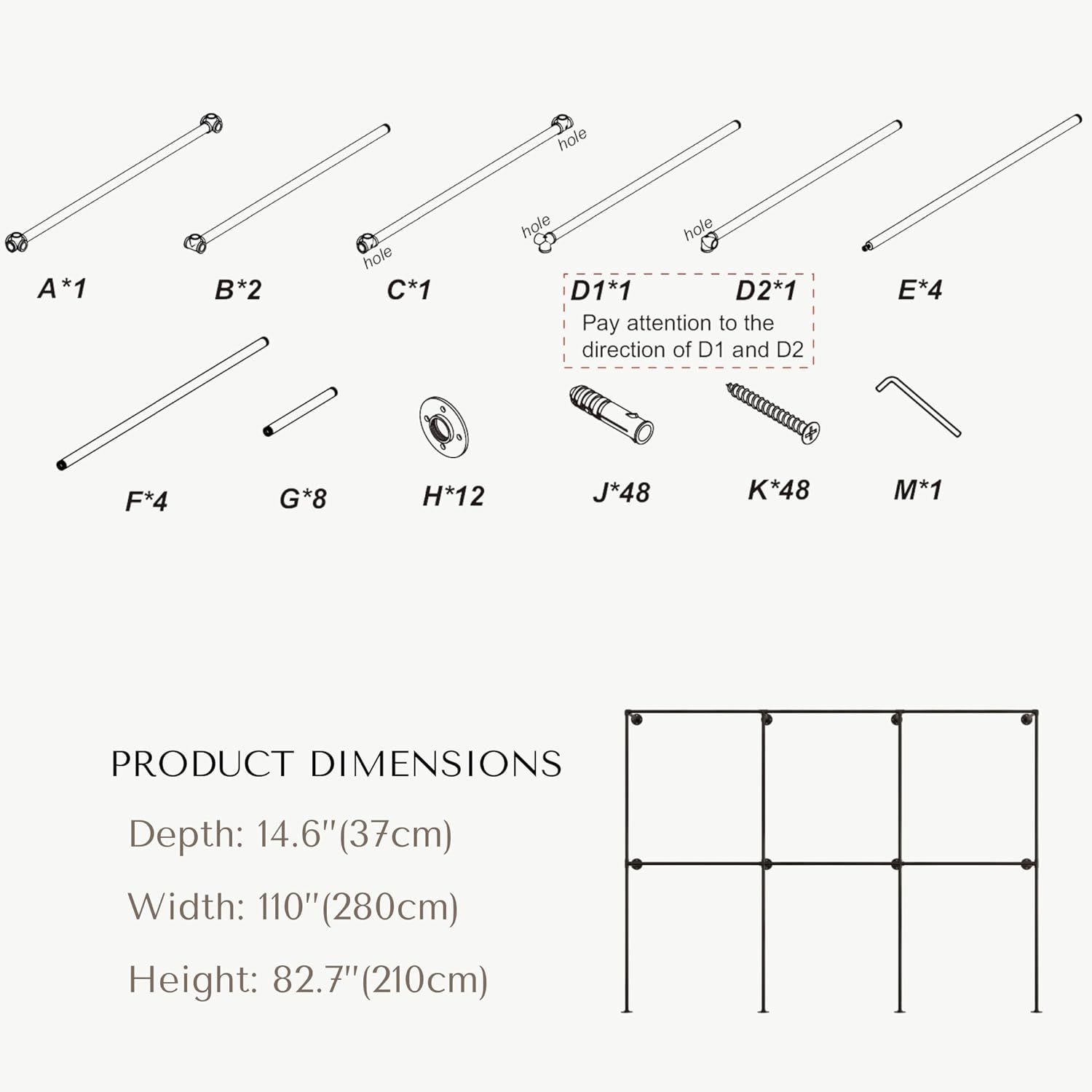 Industrial Pipe Clothing Rack, Heavy Duty Wall Mounted Clothes Rack,Retail Display Hanging Garment Rod for Laundry Rooms, Closet Storage, 14.6x110x82.7 Inches, Model K04