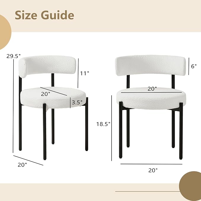 Boucle Dining Chairs Set of 6, White Dining Chairs with Upholstered Seat and Round Back, Mid-Century Modern Kitchen Chairs for Dining Room, Restaurant