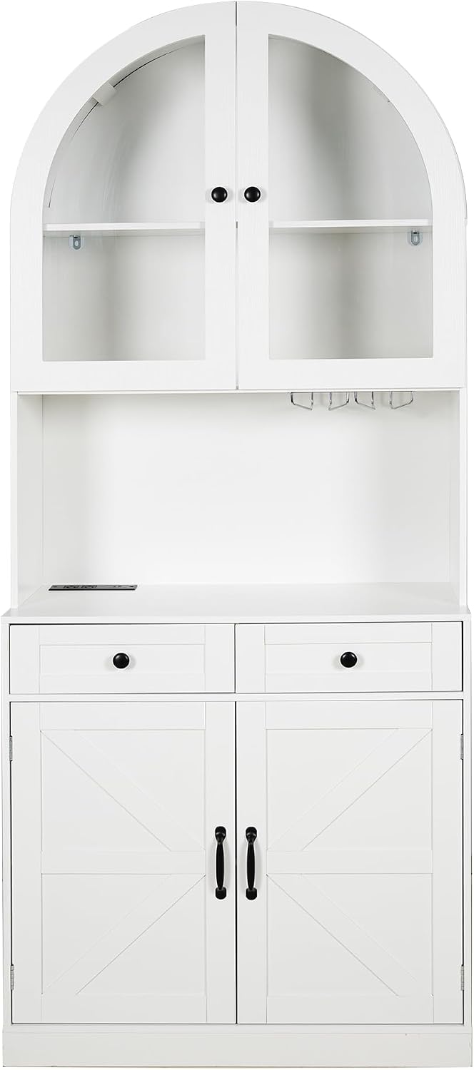 75" Farmhouse Tall Arched Pantry Cabinet with Charging Station, White | ...