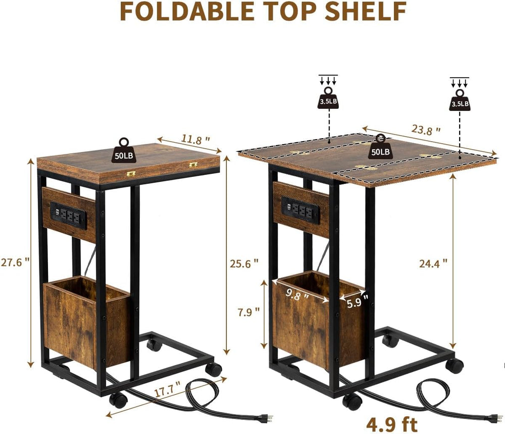 Hadulcet C Shaped End Table with Charging Station & Foldable Tabletop, Fo...