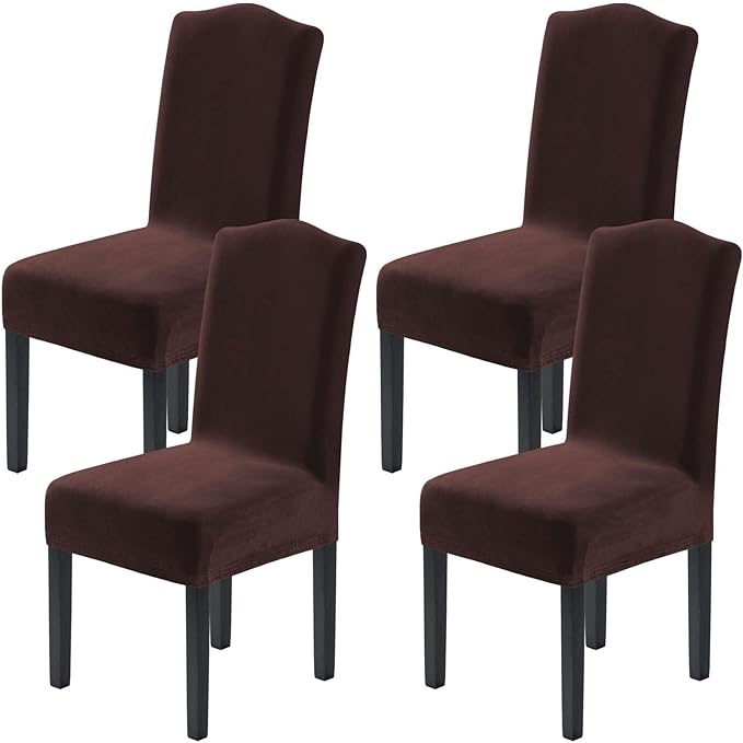 H.VERSAILTEX Velvet Dining Chair Covers Stretch Chair Covers for Dining Room Set of 4 Parson Chair Slipcovers Chair Protectors Covers Dining, Soft Thick Solid Velvet Fabric Washable, Brown