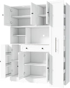 Farmhouse Freestanding Kitchen Pantry with Pull-Out Side Cabinet, Door Shelves and Drawer, Large Buffet Sideboard Cupboard for Dining Room (White)