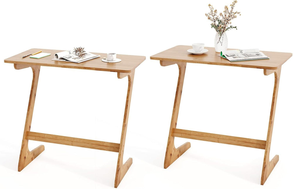 Giantex Bamboo TV Tray Table Set of 2, Z Shaped Sofa Side Table for Eating Sn...