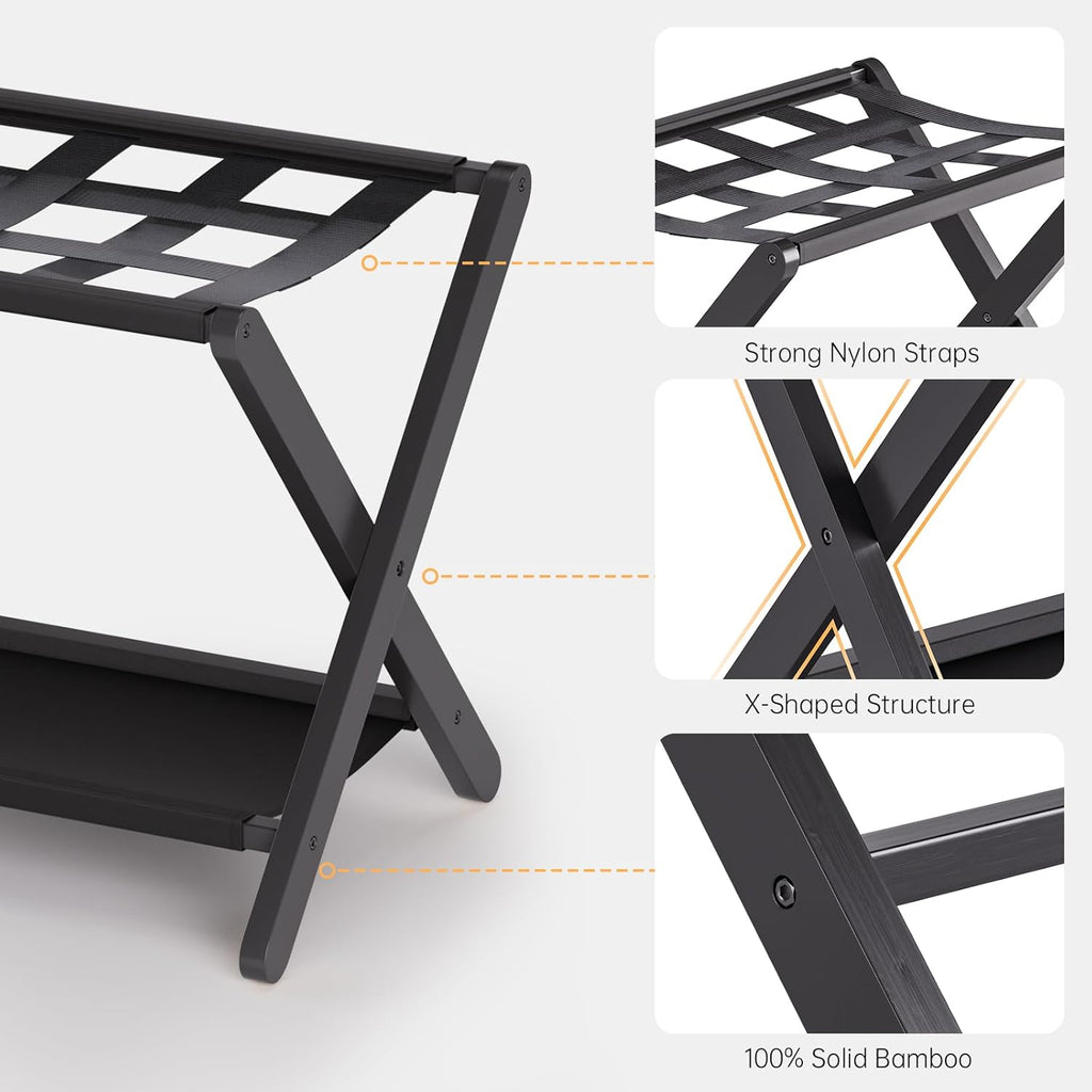 HITNET Luggage Rack for Guest Room, Pack of 2, Suitcase Stand Folding Bedroom, Bamboo Hotel Luggage Holder with Fabric Storage Shelf and Nylon Straps, Black